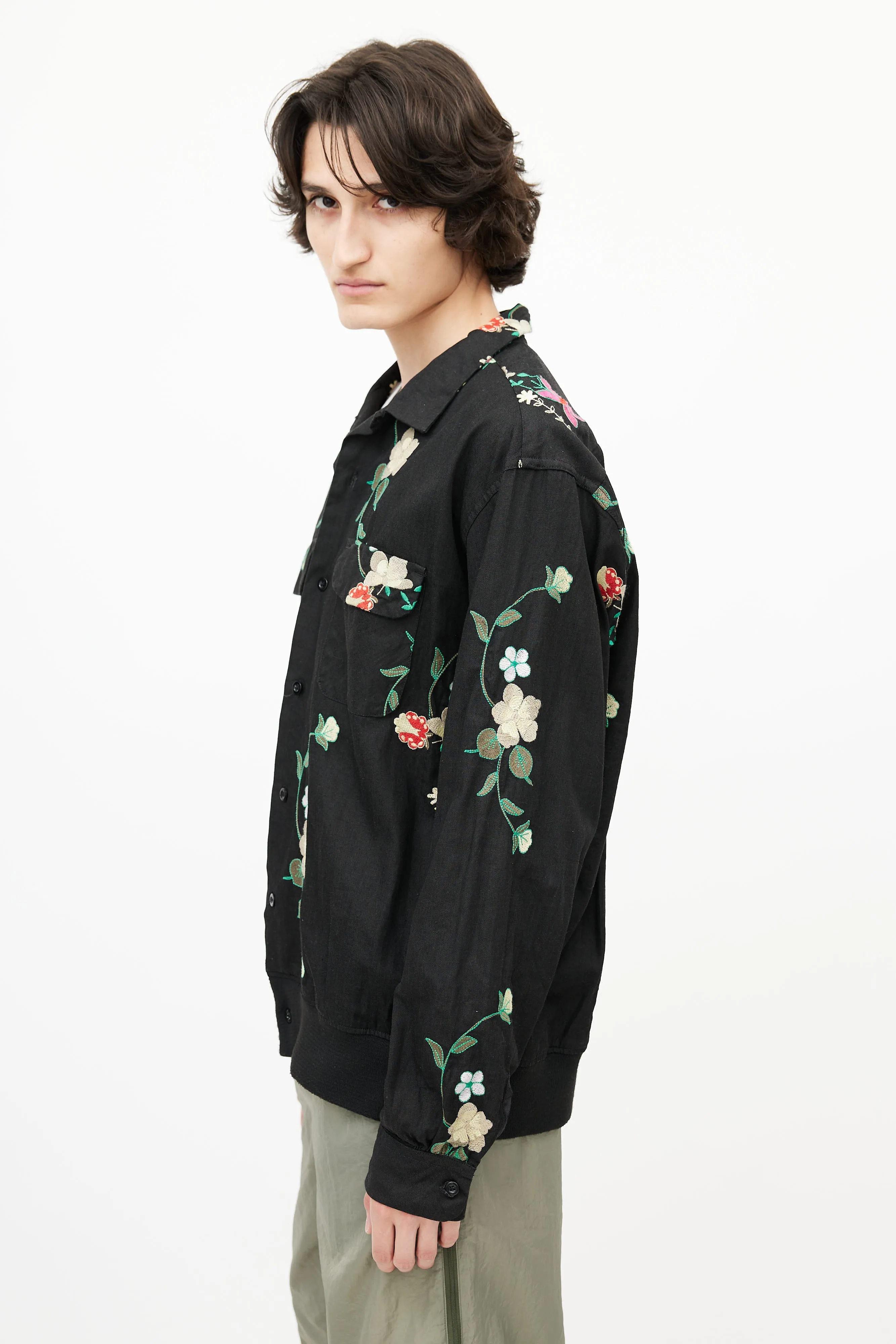 Black & Multicolour Floral Embroidered Shirt