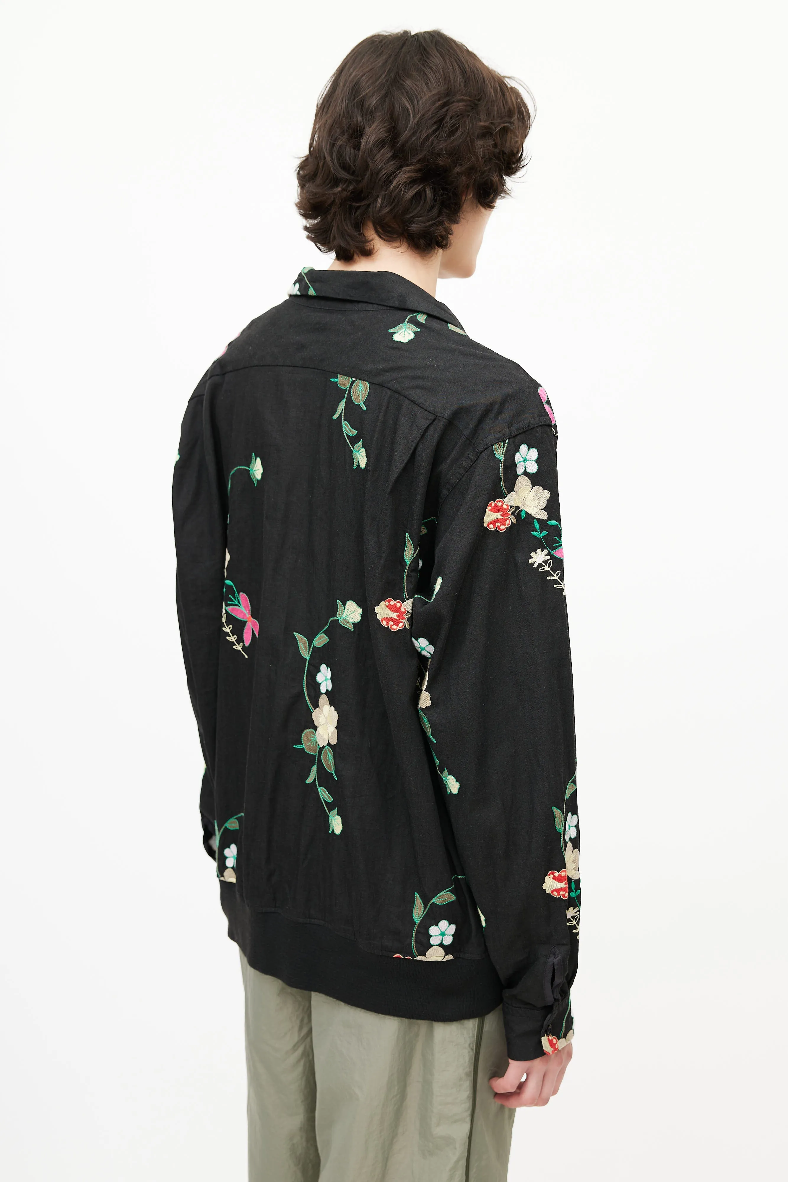 Black & Multicolour Floral Embroidered Shirt