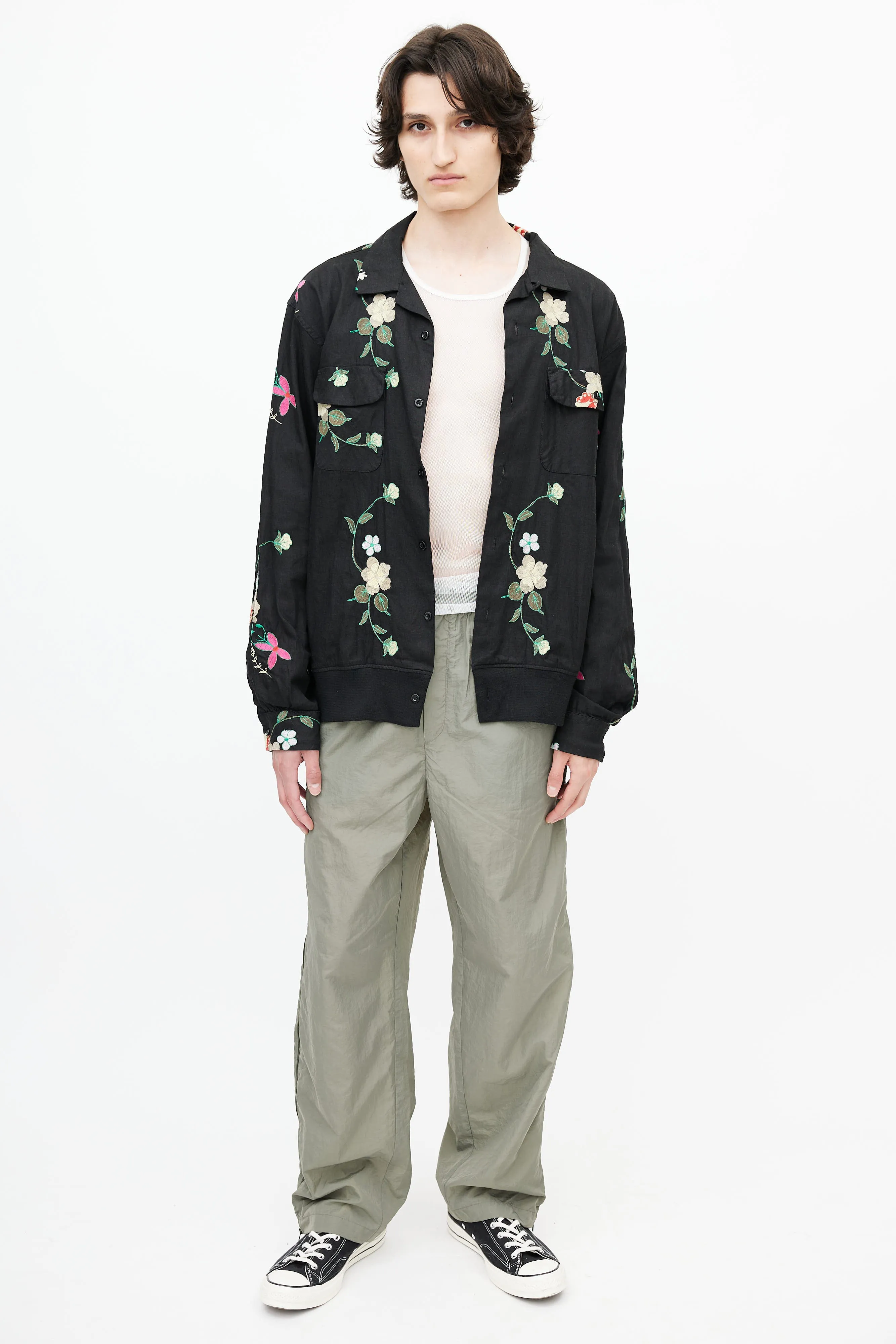 Black & Multicolour Floral Embroidered Shirt