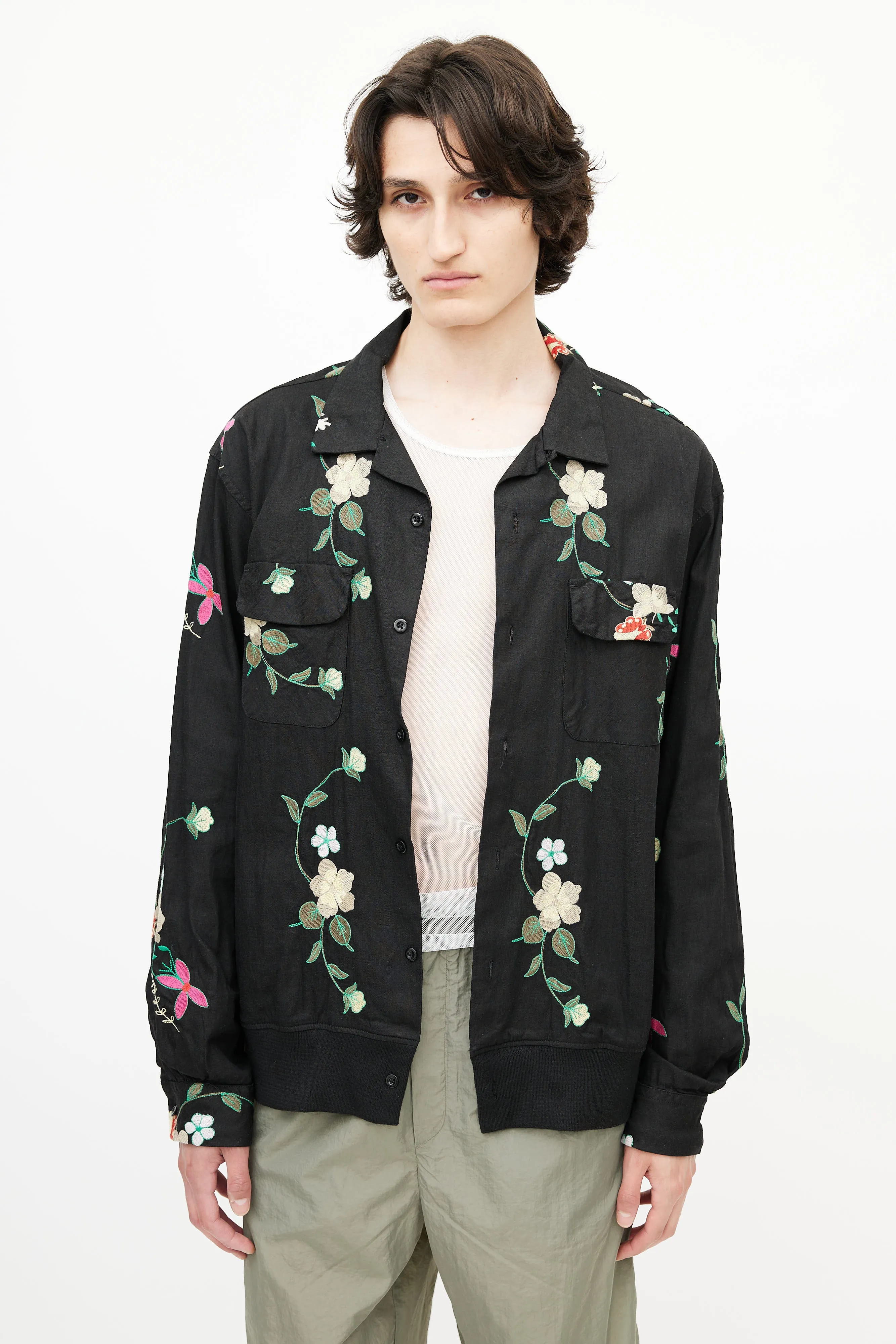 Black & Multicolour Floral Embroidered Shirt