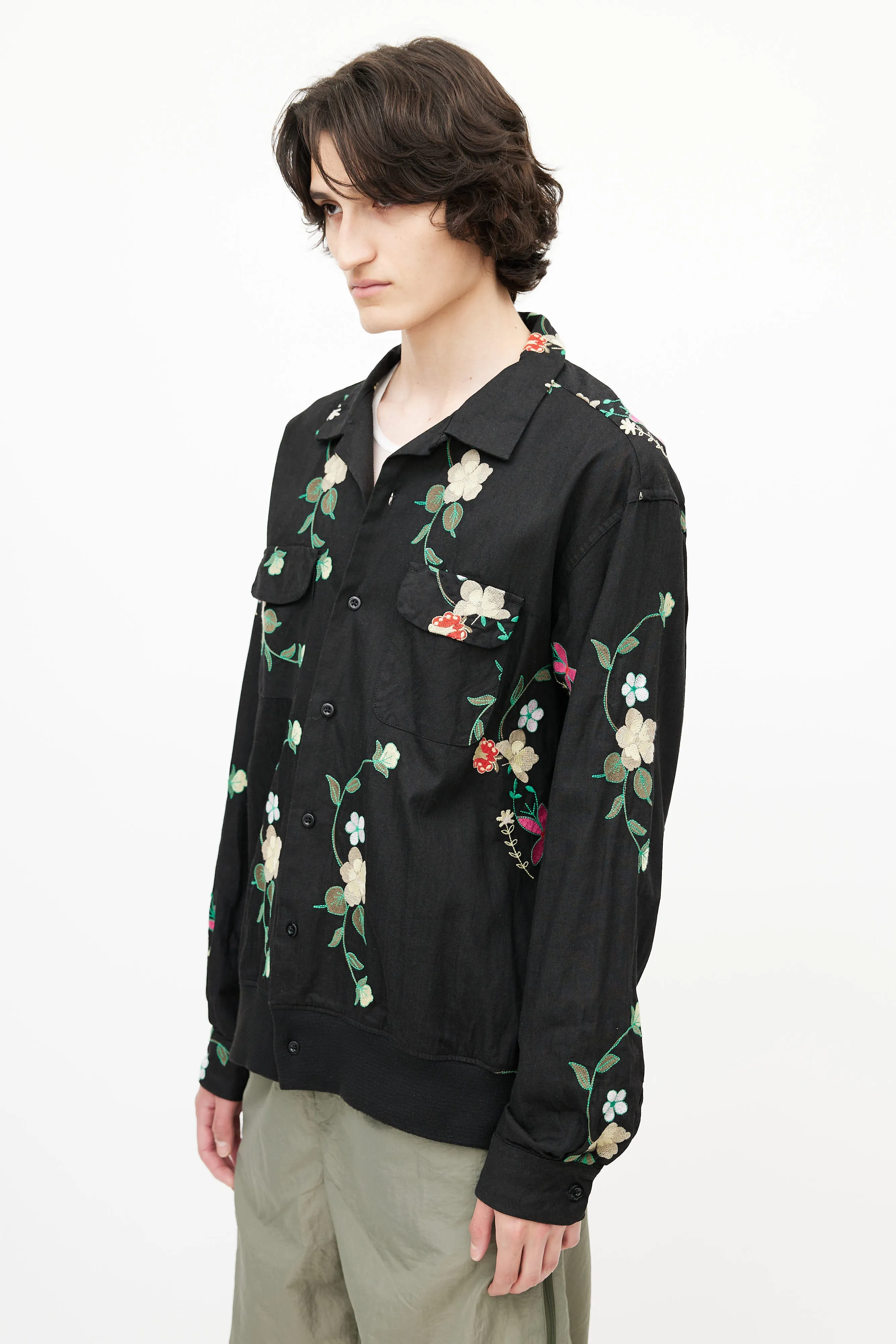 Black & Multicolour Floral Embroidered Shirt