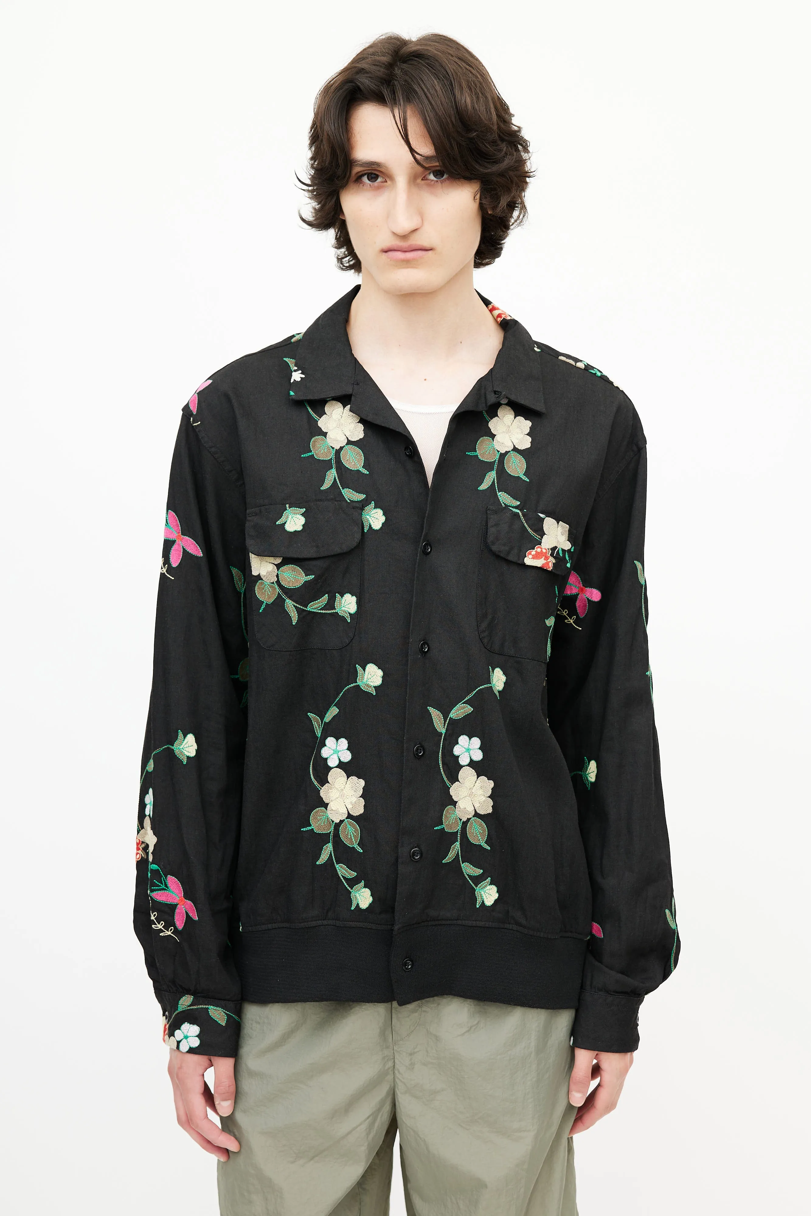 Black & Multicolour Floral Embroidered Shirt