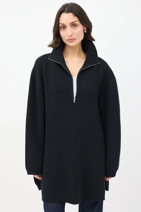 Black Wool Fisherman Zipper Knit Sweater