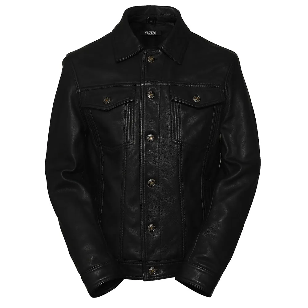Four Pocket Mens Black Leather Trucker Jacket