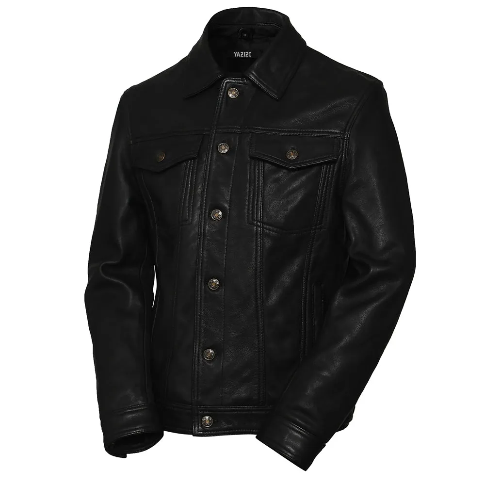 Four Pocket Mens Black Leather Trucker Jacket