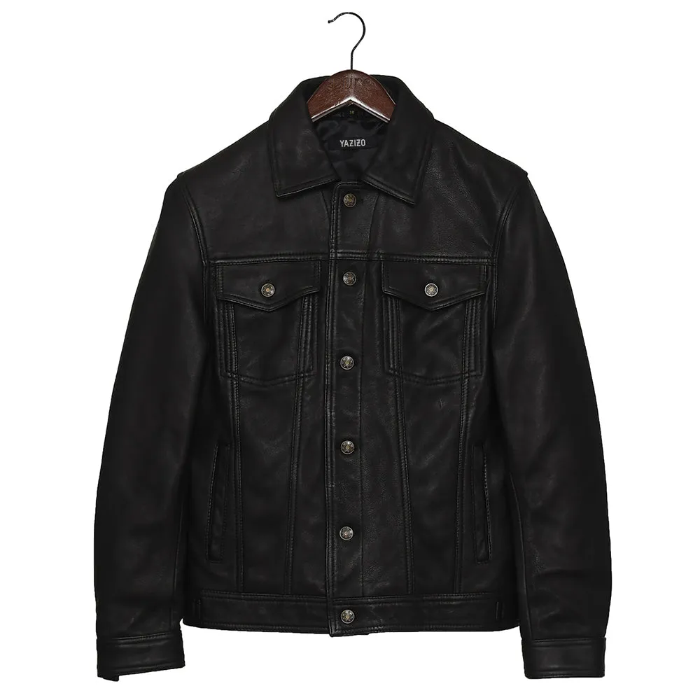 Four Pocket Mens Black Leather Trucker Jacket