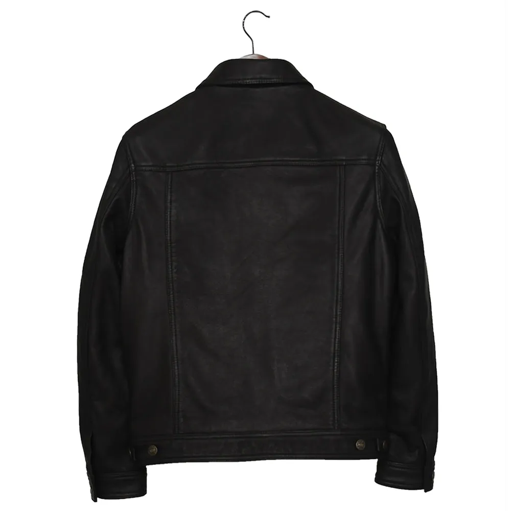 Four Pocket Mens Black Leather Trucker Jacket