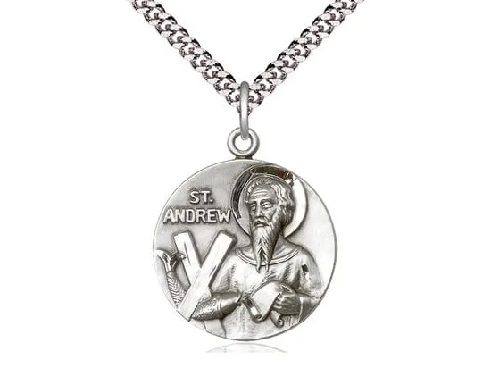 St Andrew Sterling Silver Pendant on a 24 inch Light Sterling Silver Curb Chain.