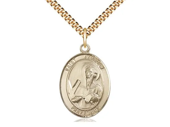 St Andrew the Apostle 14kt Gold Filled Pendant on a 24 inch Light Rhodium Heavy Curb Chain.